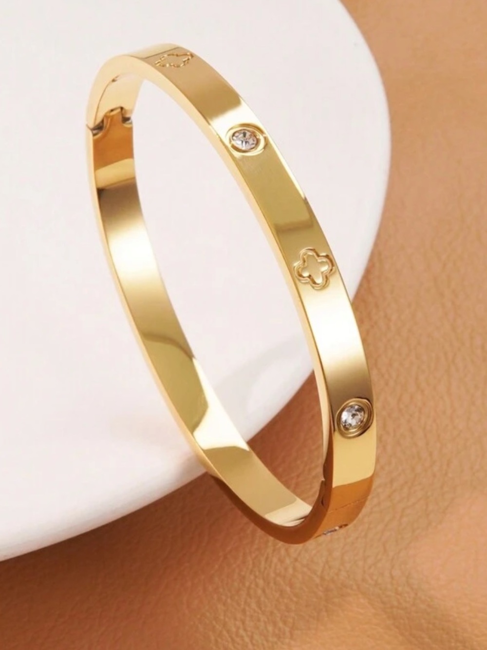 Gold-Plated Crystal Accent Bangle Bracelet 2pc clover love jewelry lot stack - Picture 2 of 3